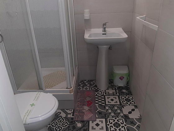 Bagno privato con doccia, lavabo e pavimento decorato